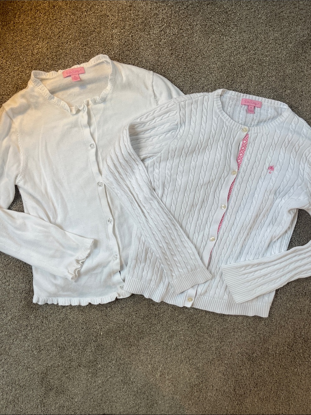 Lot: 2 Lilly Pulitzer White Cardigans Cable Grosgrain Ruffle Crystal Button sz14